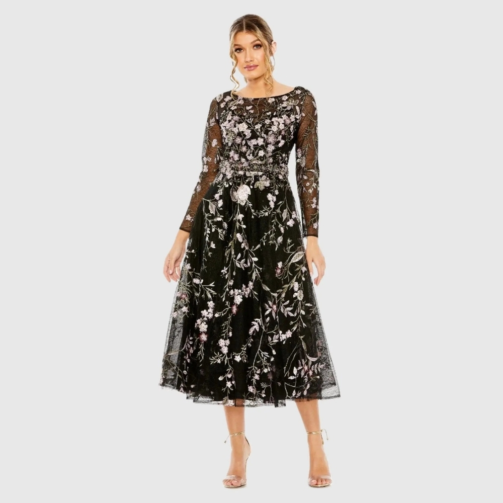 Mac Duggal Black Floral Embroidered Dress